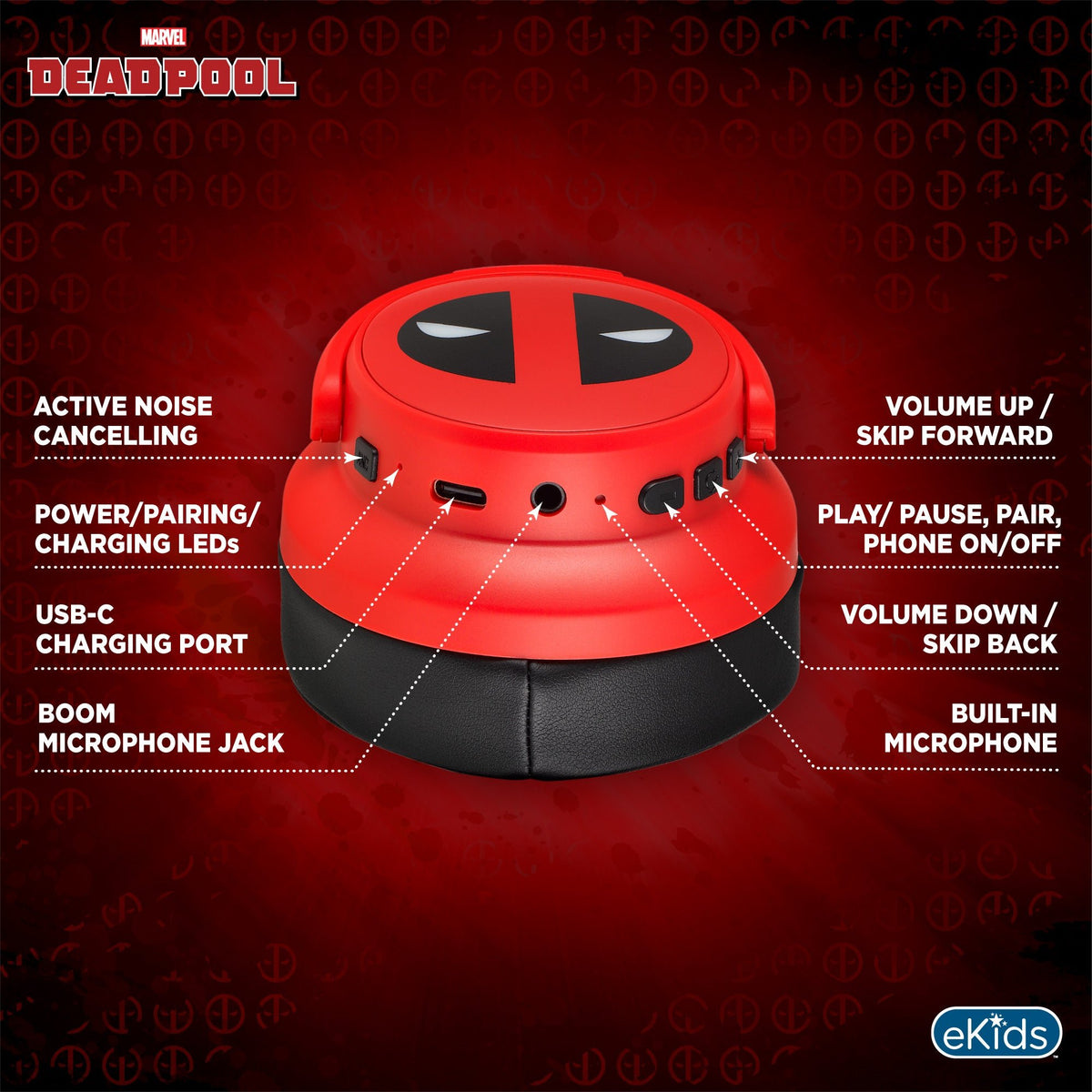 Deadpool Bluetooth Gaming Headphones with Boom Microphone - eKids