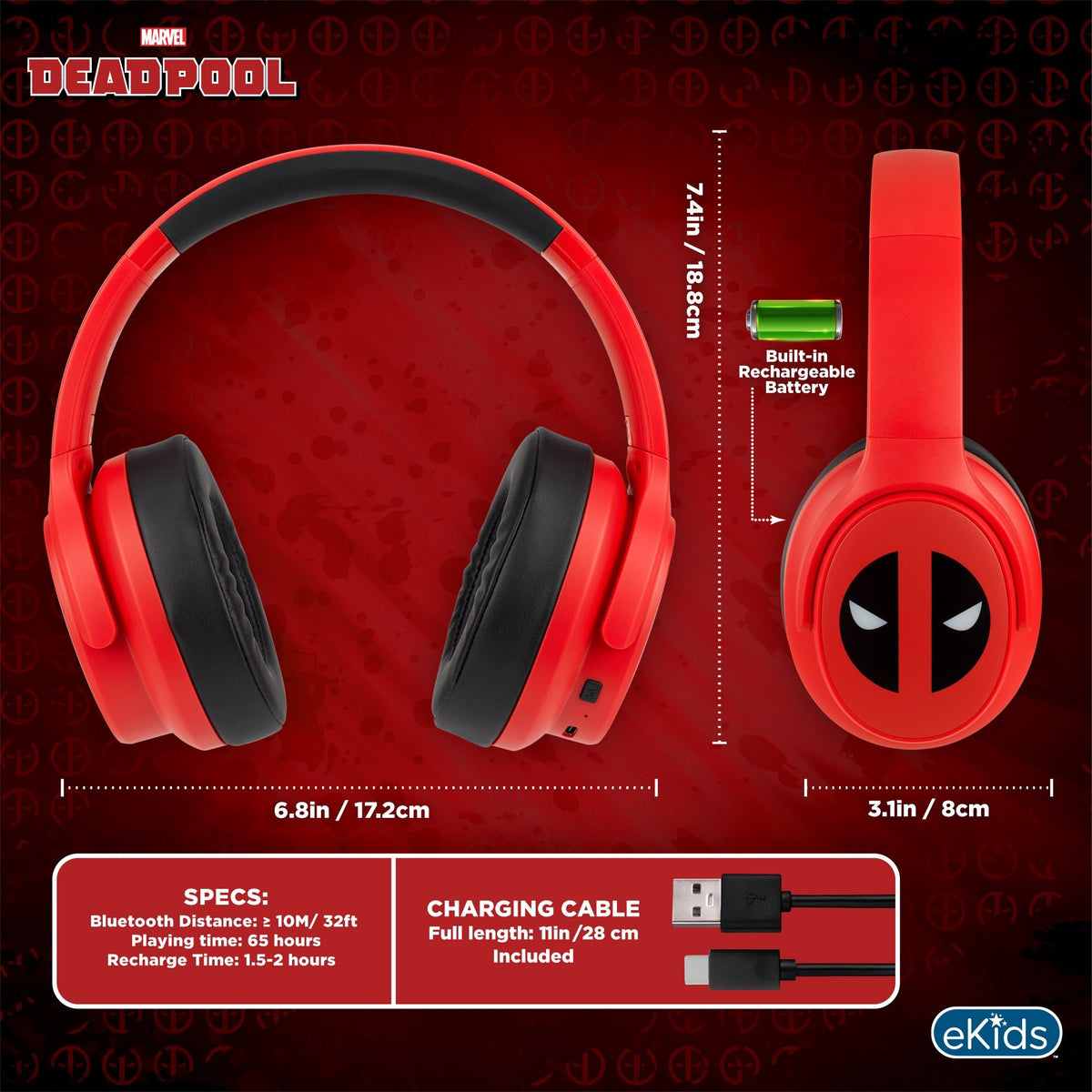 Deadpool Bluetooth Gaming Headphones with Boom Microphone - eKids