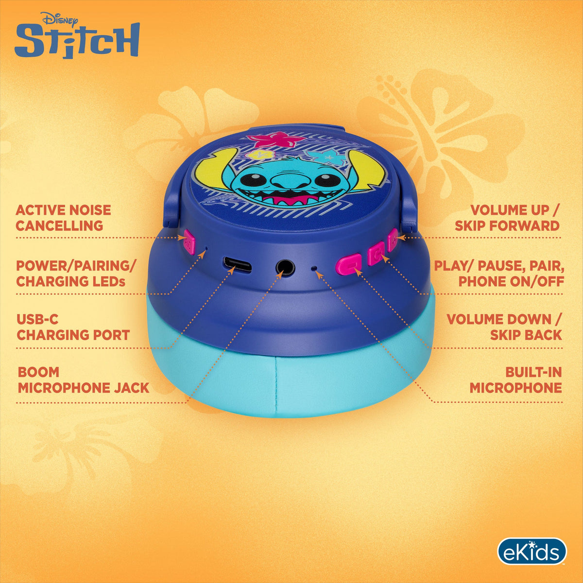 Disney Stitch Bluetooth Gaming Headphones with Boom Microphone - eKids