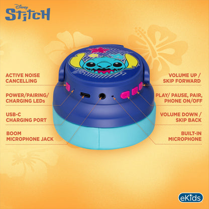 Disney Stitch Bluetooth Gaming Headphones with Boom Microphone - eKids