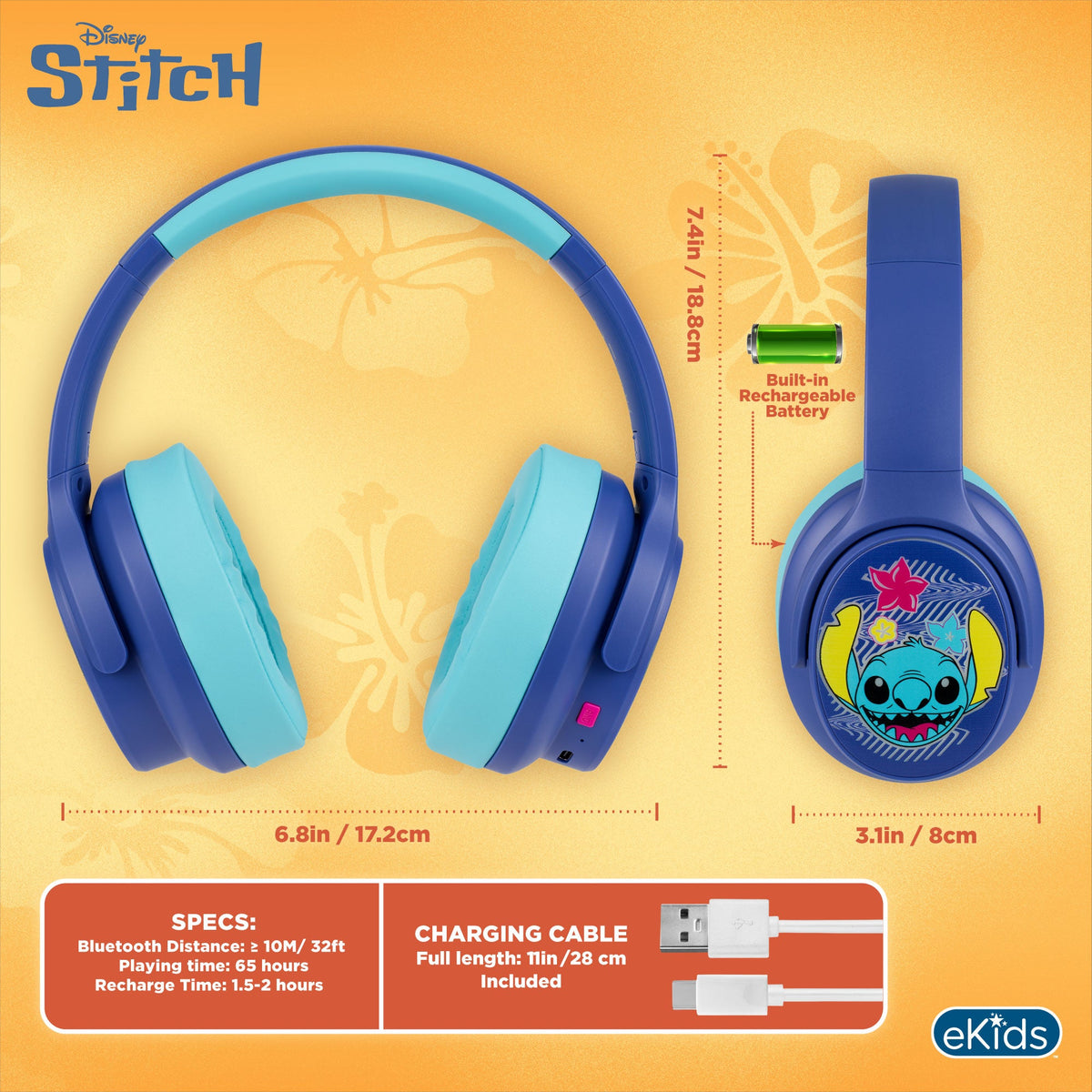 Disney Stitch Bluetooth Gaming Headphones with Boom Microphone - eKids