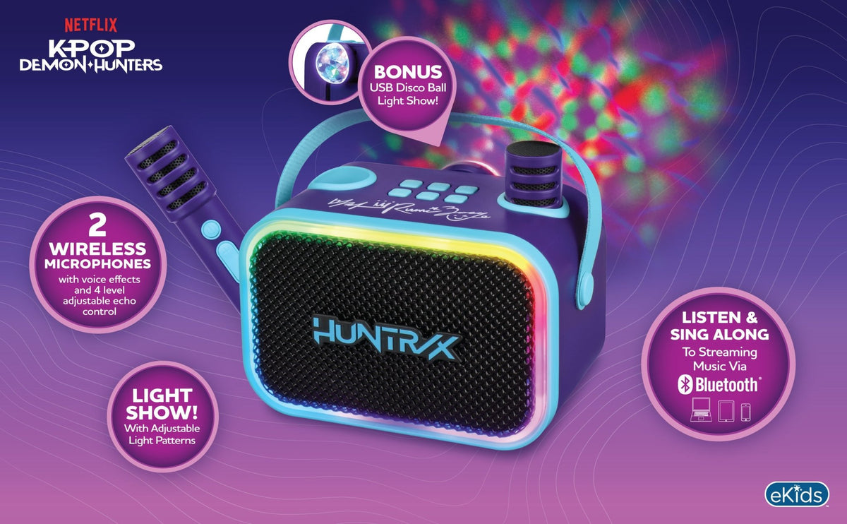 KPop Demon Hunters Bluetooth Karaoke Machine with 2 Wireless Microphones for Kids - eKids