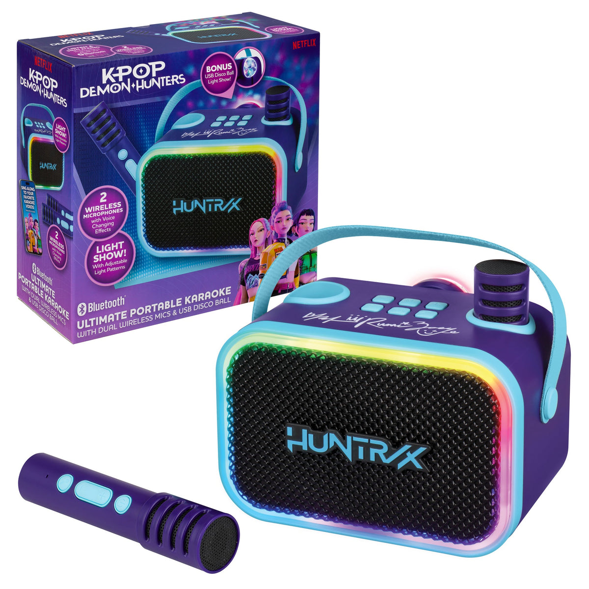 KPop Demon Hunters Bluetooth Karaoke Machine with 2 Wireless Microphones for Kids - eKids
